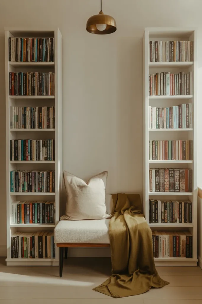 reading nook between two bookcases in living room with bench and cushion