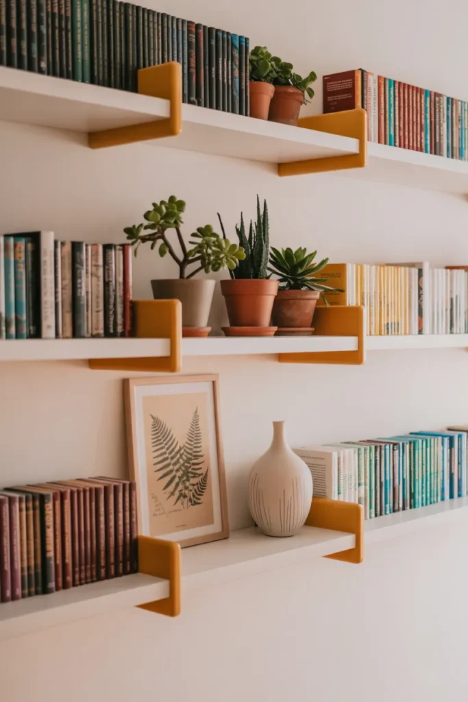  reading nook bookshelf styling ideas with color coordinated books and decorative accents on floating shelves