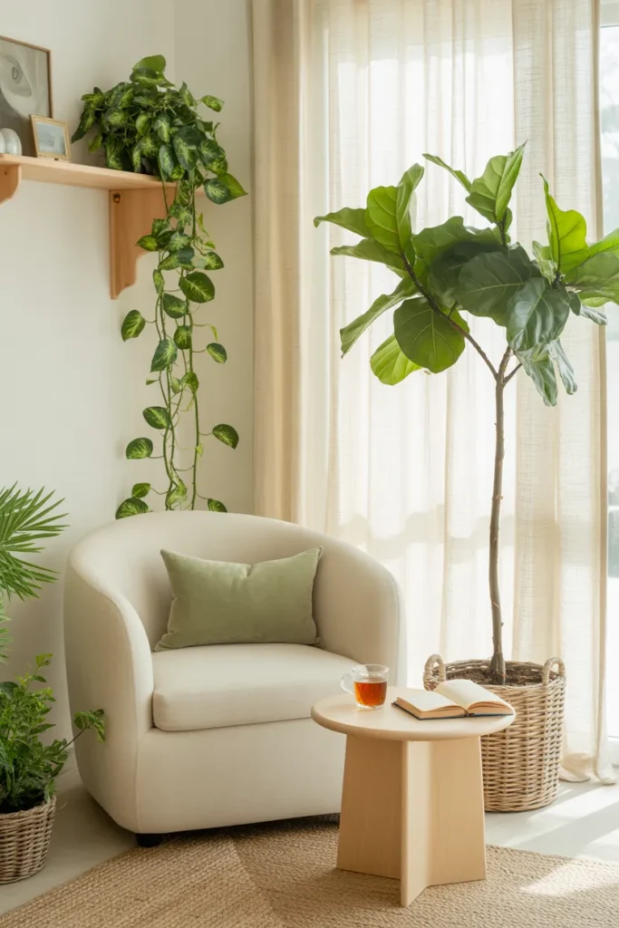 reading nook decor with indoor plants fiddle leaf fig and trailing pothos in natural boho style corner