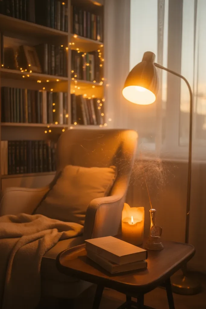 reading nook lighting ideas with floor lamp fairy lights and candles creating cozy ambiance