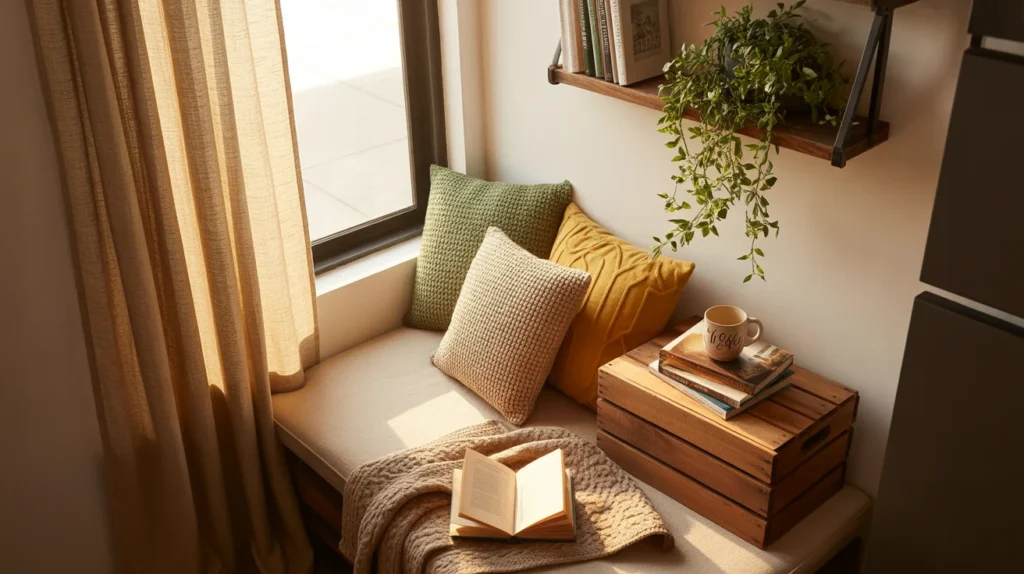Small apartment window seat reading nook with cushioned bench, throw pillows, and natural light through sheer curtains