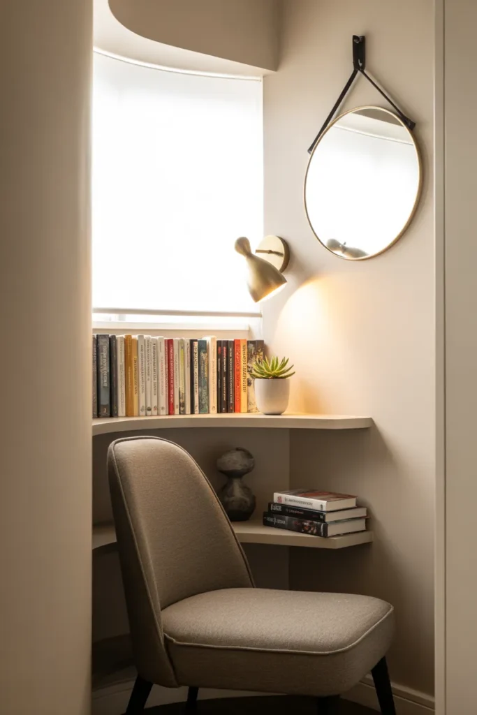 small space reading nook ideas with slim chair floating shelves and round mirror in apartment corner