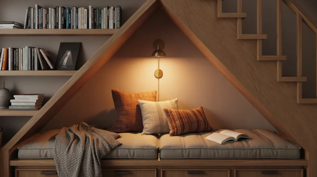 Reading nook under stairs with cushioned bench, book ledges, and warm wall lighting