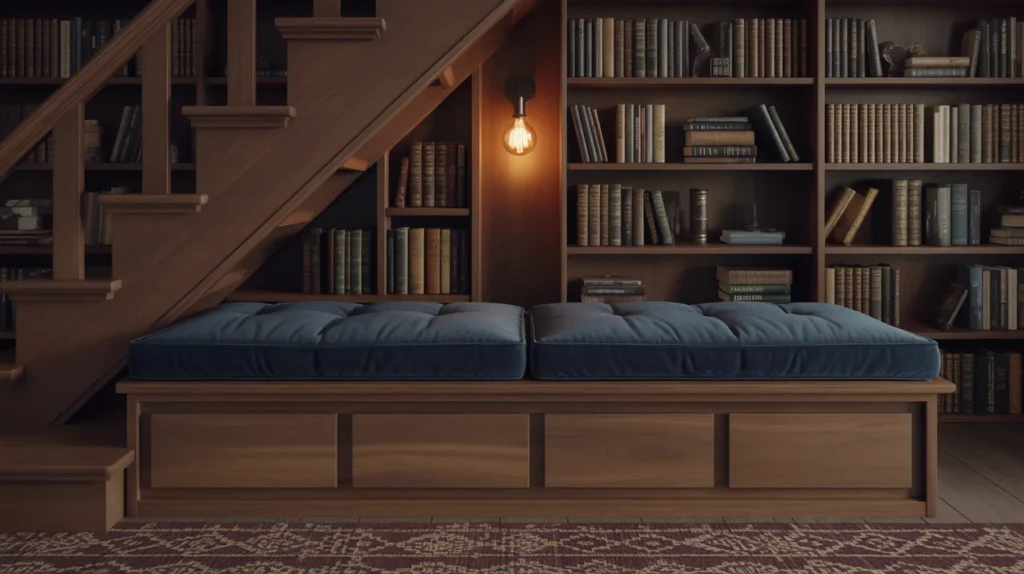 under stairs reading nook with built-in bookshelves and navy cushion bench