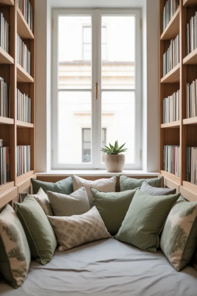 window seat reading nook ideas with built in bookshelves and cushioned bench in Scandinavian style