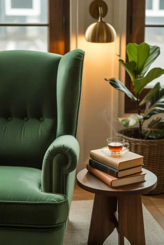  wingback armchair reading nook in living room corner with wall sconce and books