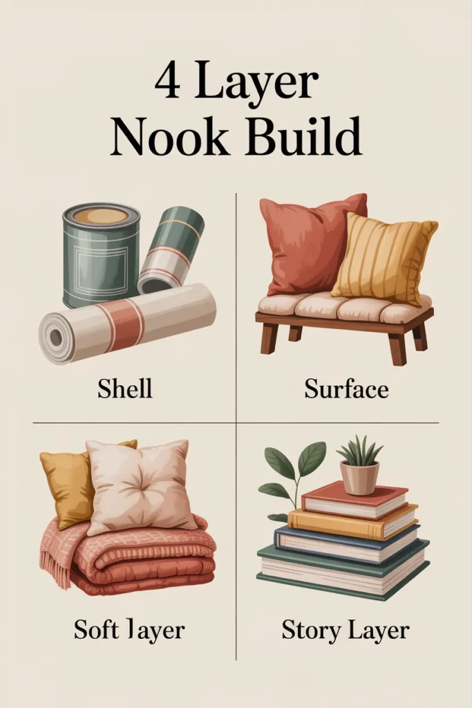 4-Layer Nook Build Method checklist for DIY under stairs reading nook