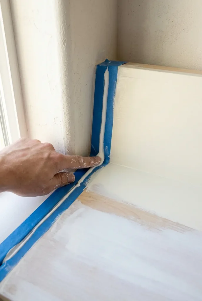 A finger smoothing white caulk along the seam between a built-in reading bench and the wall.