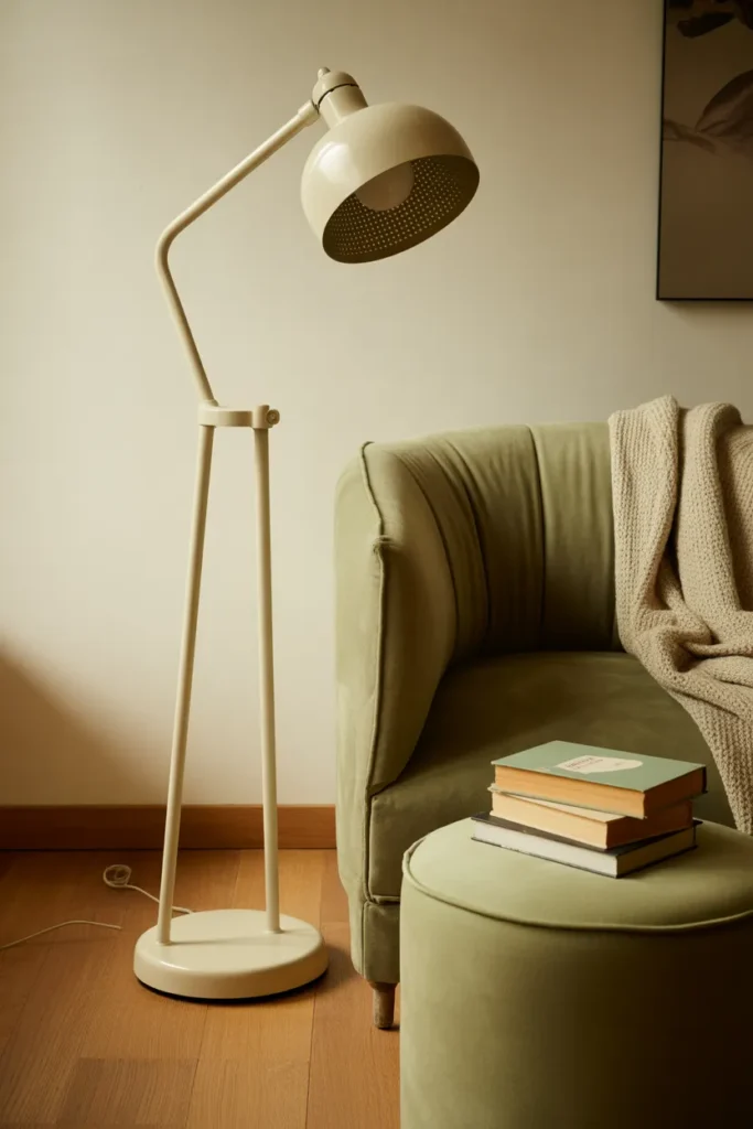 Adjustable industrial floor lamp beside green velvet chair in Scandinavian reading nook