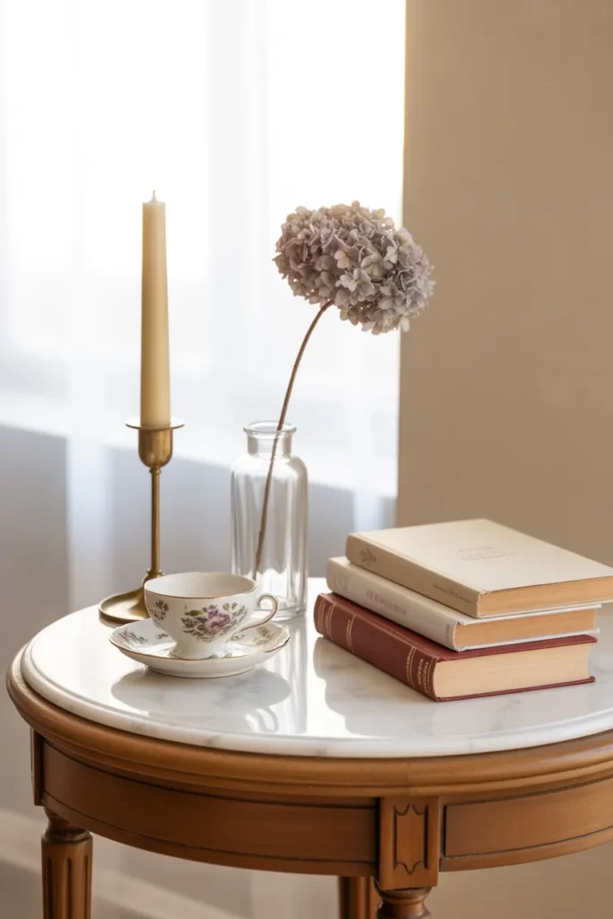 Antique side table with teacup and vintage book vignette in a grandmacore reading nook.