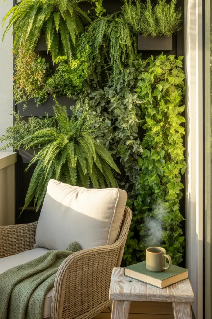 Apartment balcony reading nook with vertical garden privacy screen.