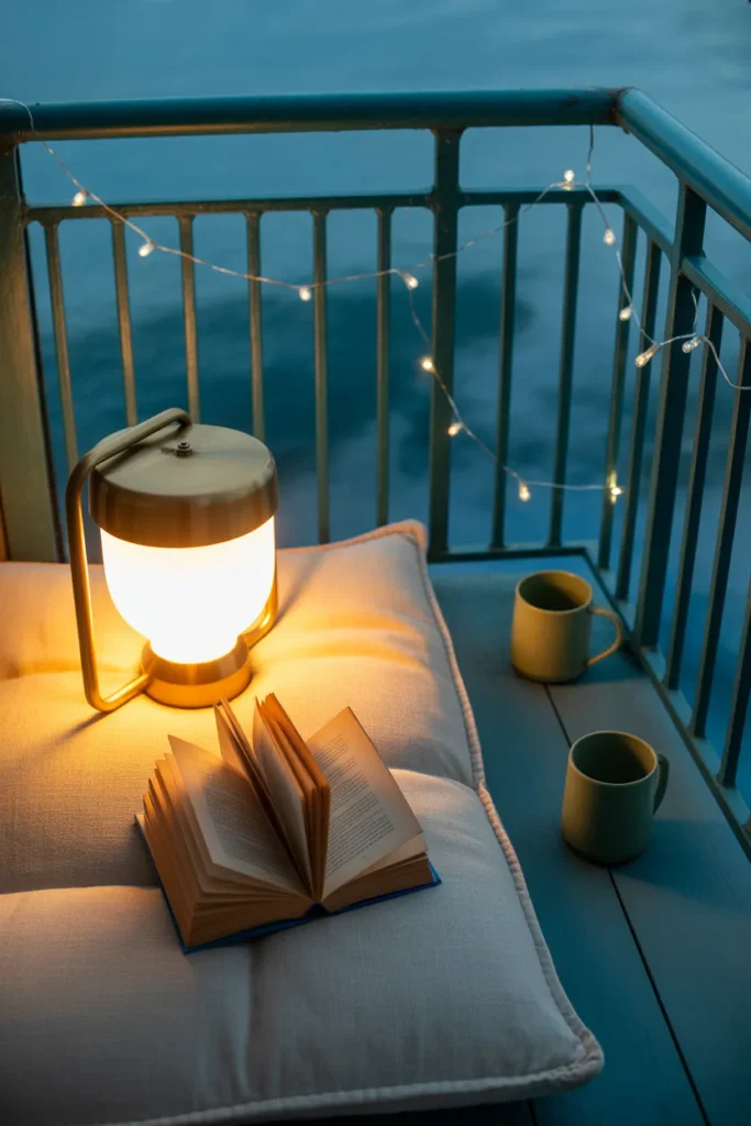 Balcony reading nook at dusk with cordless lamp and warm string lights.