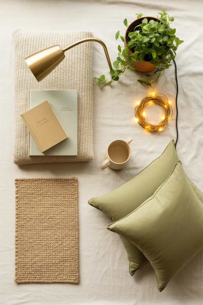 Balcony reading nook styling moodboard flat lay with cushions and books.