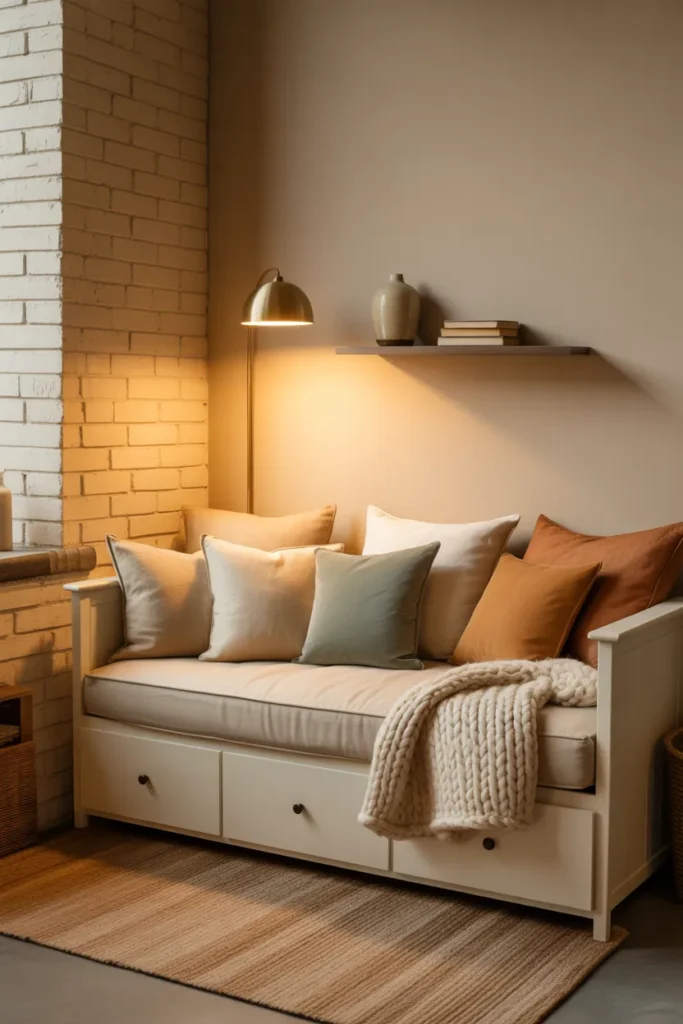 Basement corner reading nook with cream daybed, layered linen pillows, brass arched lamp, and jute rug.