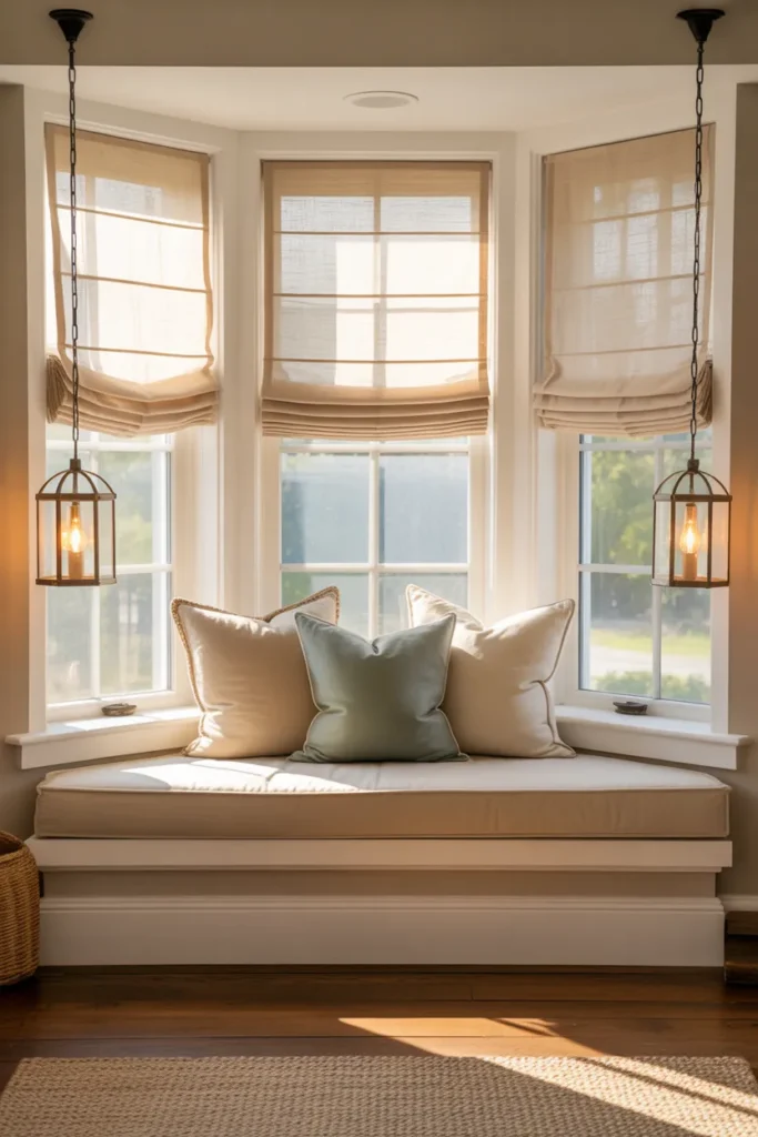 Bay window built-in reading nook with cream linen bench, layered pillows, and Roman shades