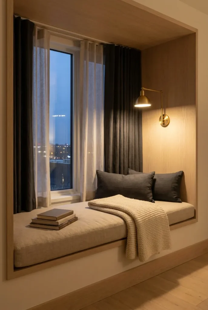 Bay window hygge reading nook with oat cushion, wool throw, and brass swing-arm sconce.