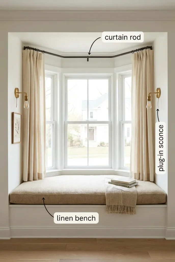 Bay window reading nook showing bench seat, side wall sconces, and ceiling curtain rod, illustrating the Three-Surface Rule.