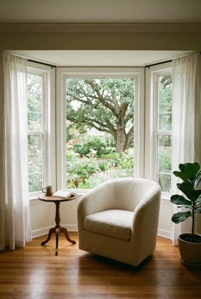 Bay window reading nook with a single swivel chair angled toward a garden view and sheer white curtains.