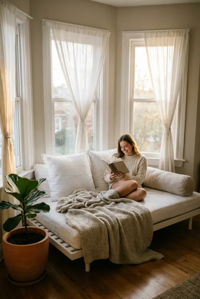 Bay window reading nook with daybed, layered pillows, and linen curtains in soft afternoon light.
