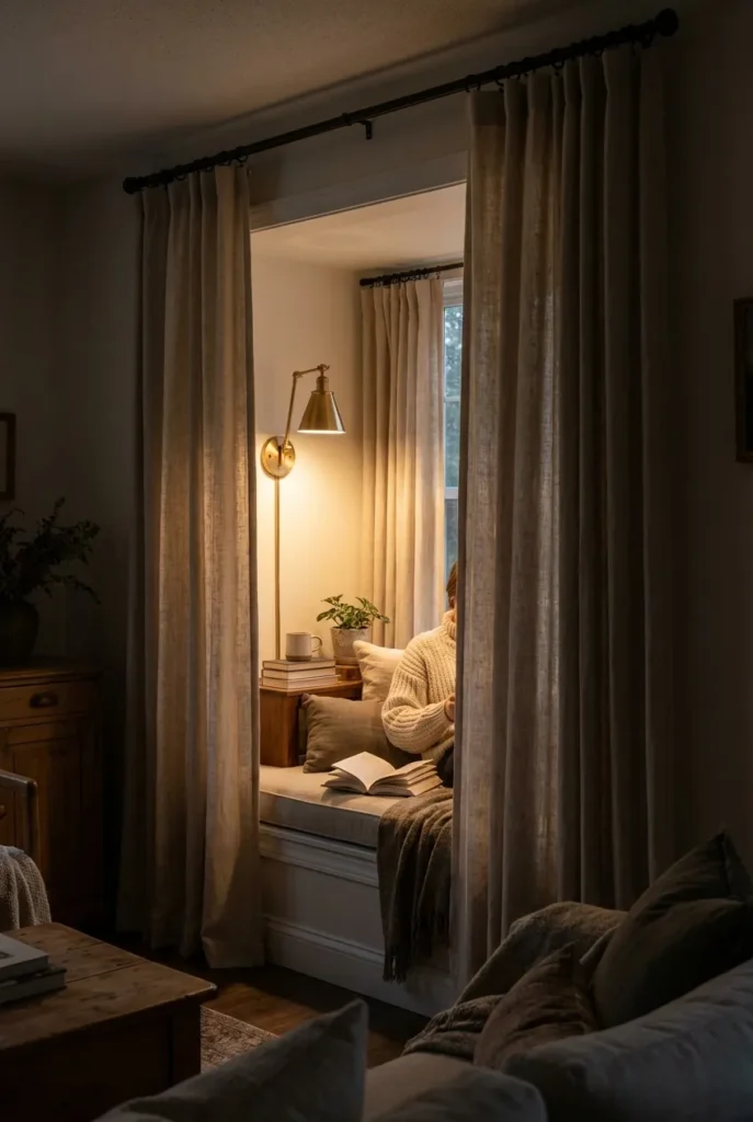 Bay window reading nook with linen curtains pulled across the front creating a cozy curtained cocoon at evening.
