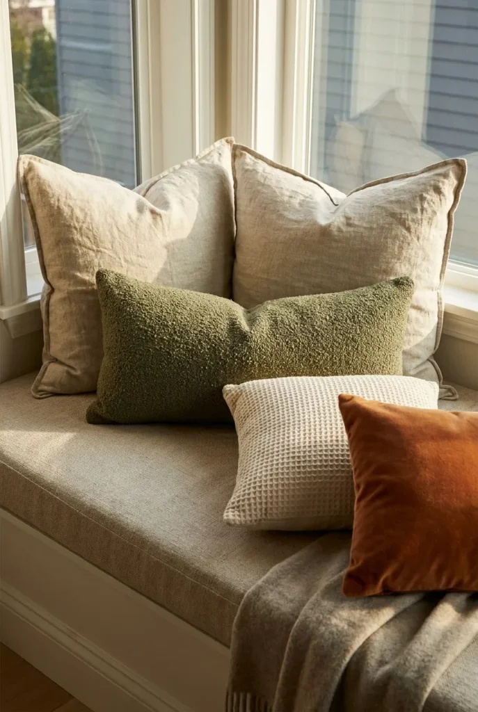Bay window seat pillows layered using the 6040 rule with mixed boucle, linen, and velvet textures.
