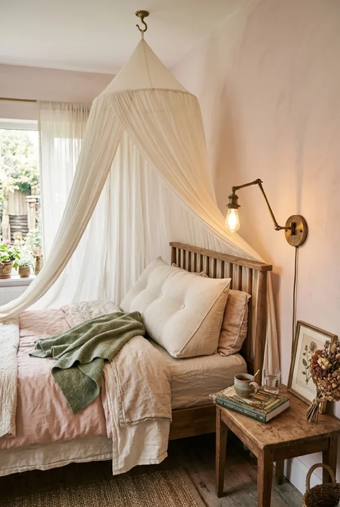 Bedroom fairy tale reading nook with sheer canopy, sage throw, and brass swing-arm wall sconce.