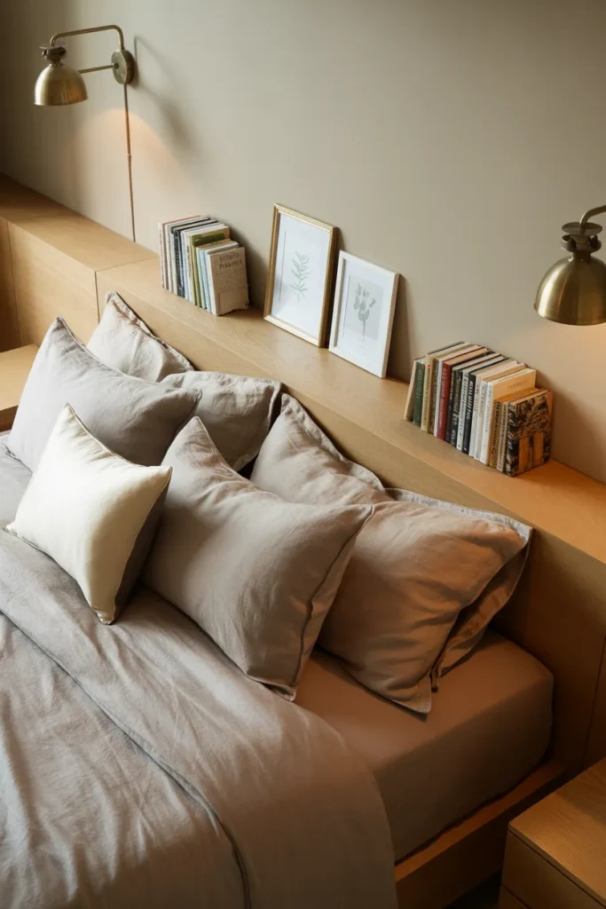 Bedroom reading nook with light oak shelf headboard above queen bed in japandi style