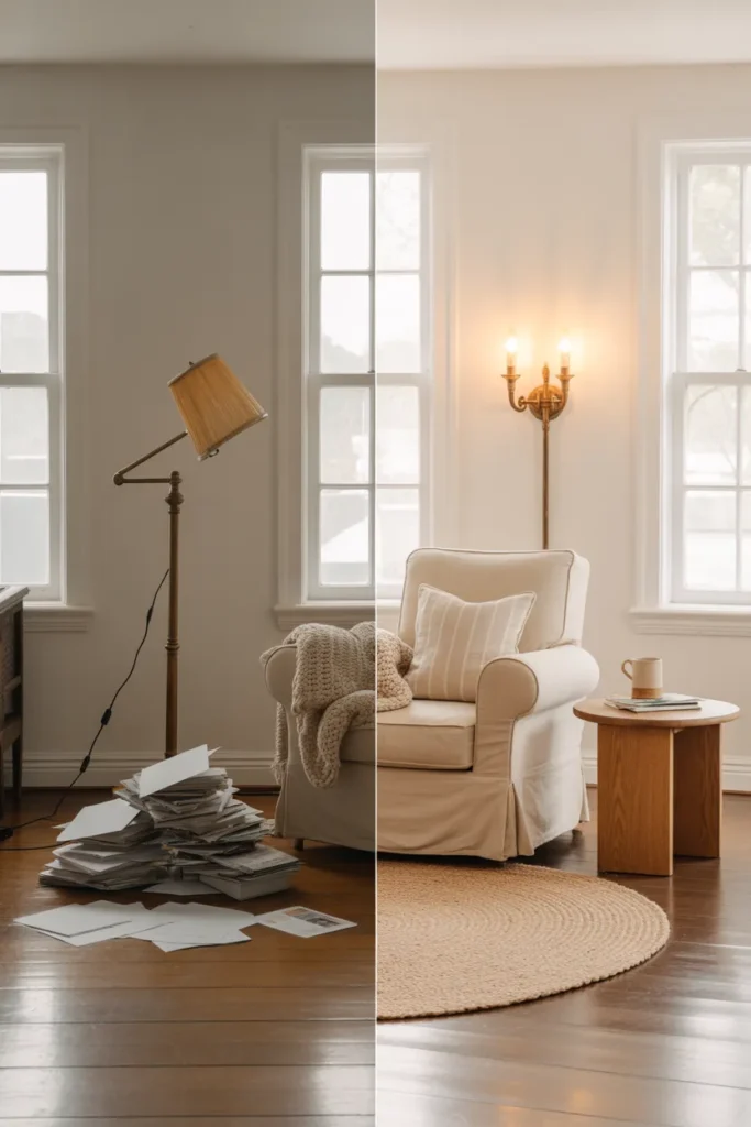 Before and after farmhouse reading nook makeover showing cluttered corner transformed into cozy retreat.