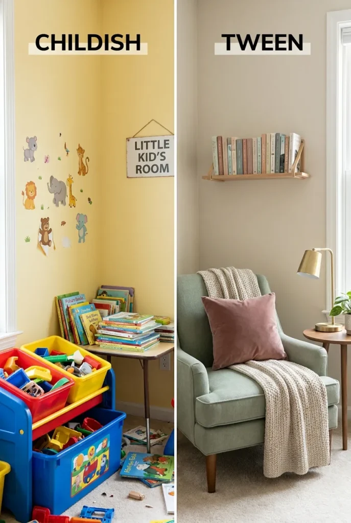 Before and after of a tween reading corner moving from childish brights to calm muted tones.