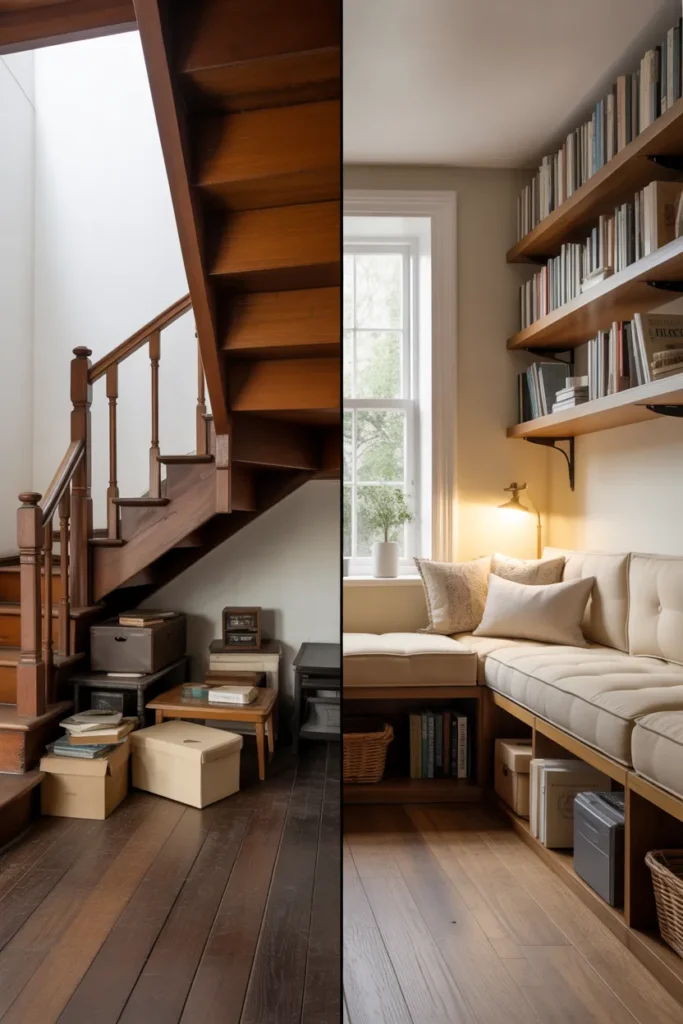 Before and after transformation of wasted space under stairs into cozy reading nook