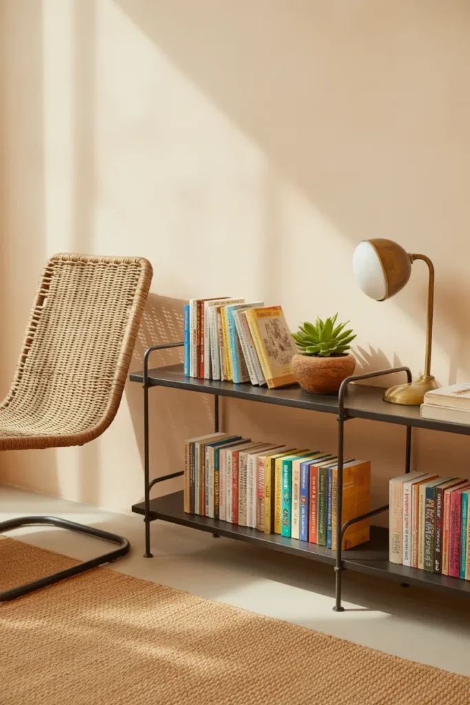 Black tension rod shelving next to a rattan boho reading chair with paperback books and succulent
