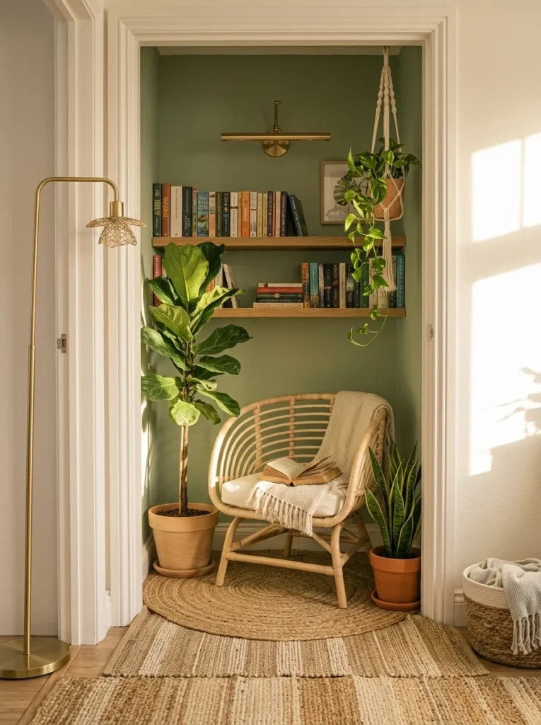 Boho corner reading nook framed by plants with rattan chair and brass lamp