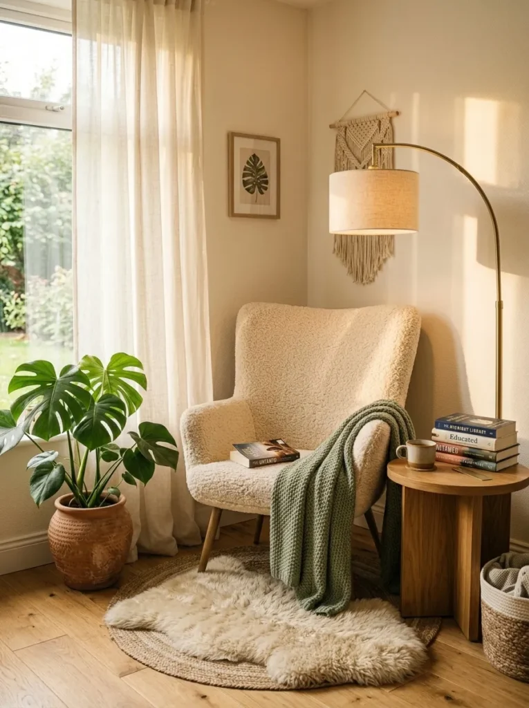 Boho corner reading nook with cream boucle chair and macrame wall art
