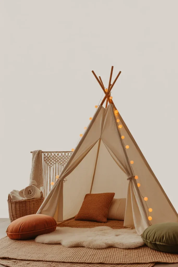 Boho kids teepee reading nook with macramé and layered rugs