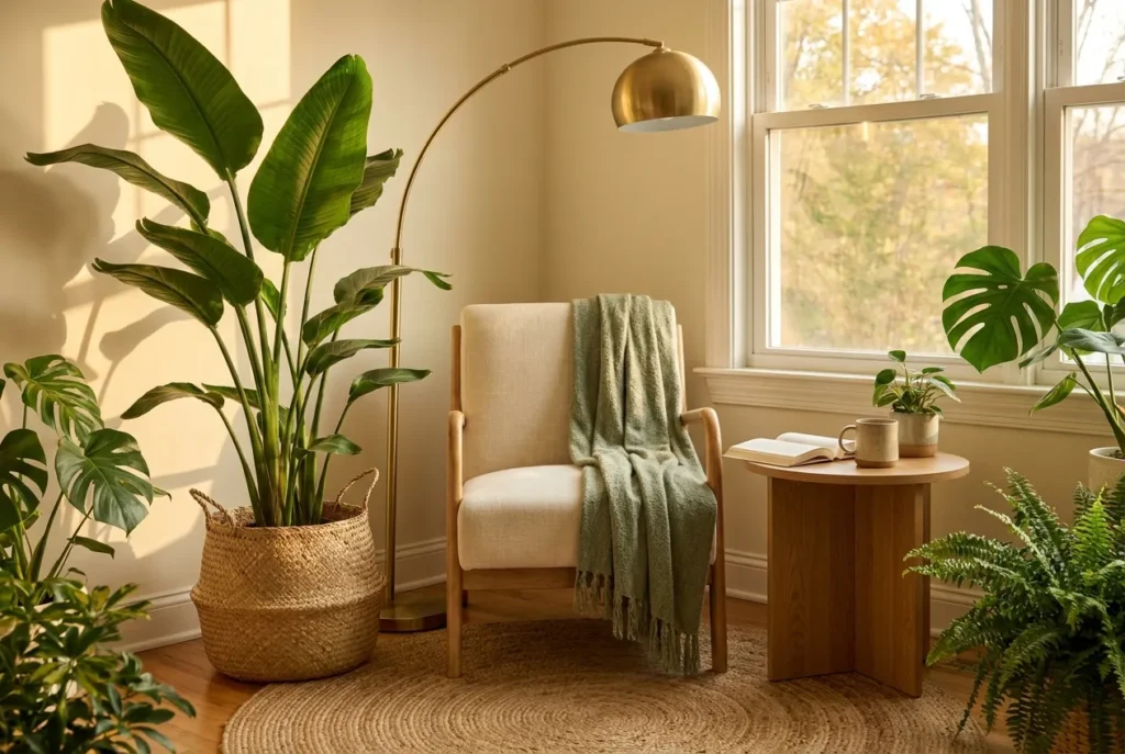 Boho reading nook with a bird of paradise floor plant and brass arc lamp.