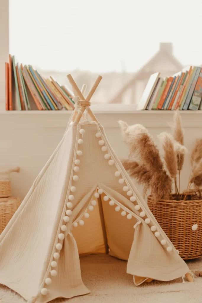 Boho reading teepee for toddlers with pampas and pom pom trim