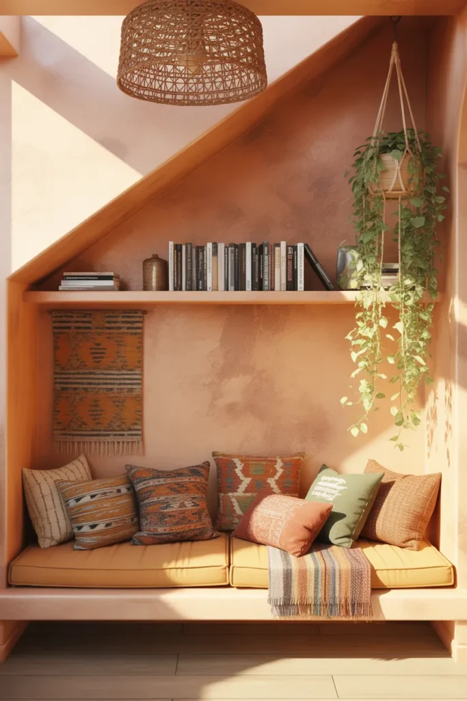 Boho under stairs reading nook with terracotta wall and layered textured pillows