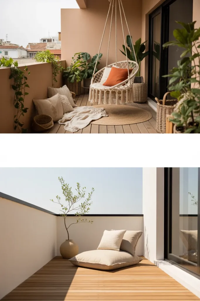 Boho vs Japandi balcony reading nook ideas Pinterest pin comparison.
