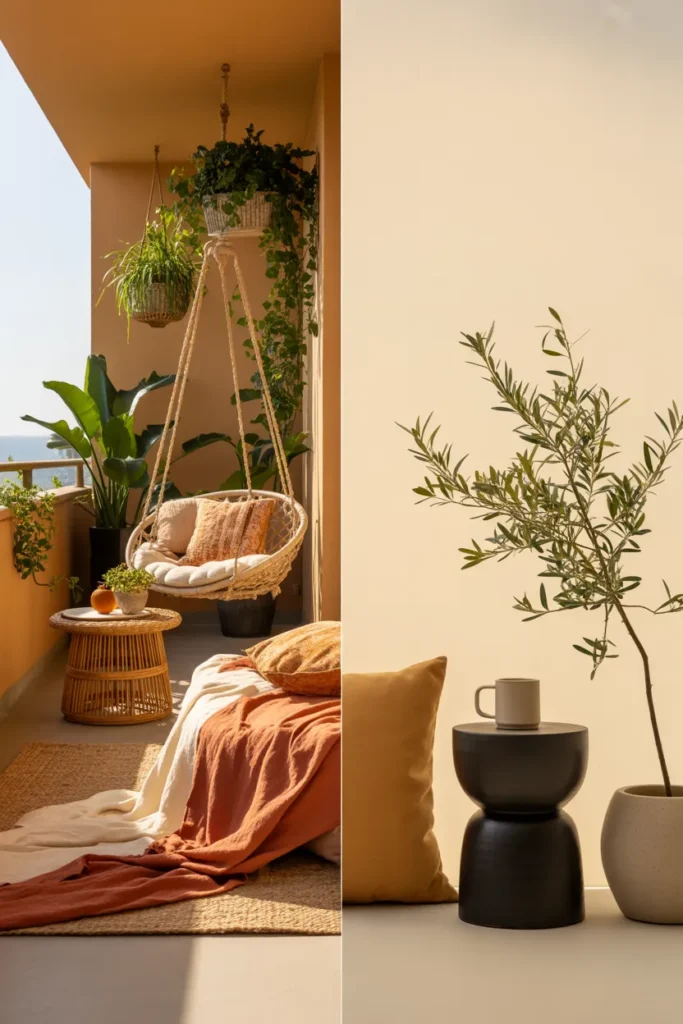 Boho vs Japandi balcony reading nook style comparison side by side.