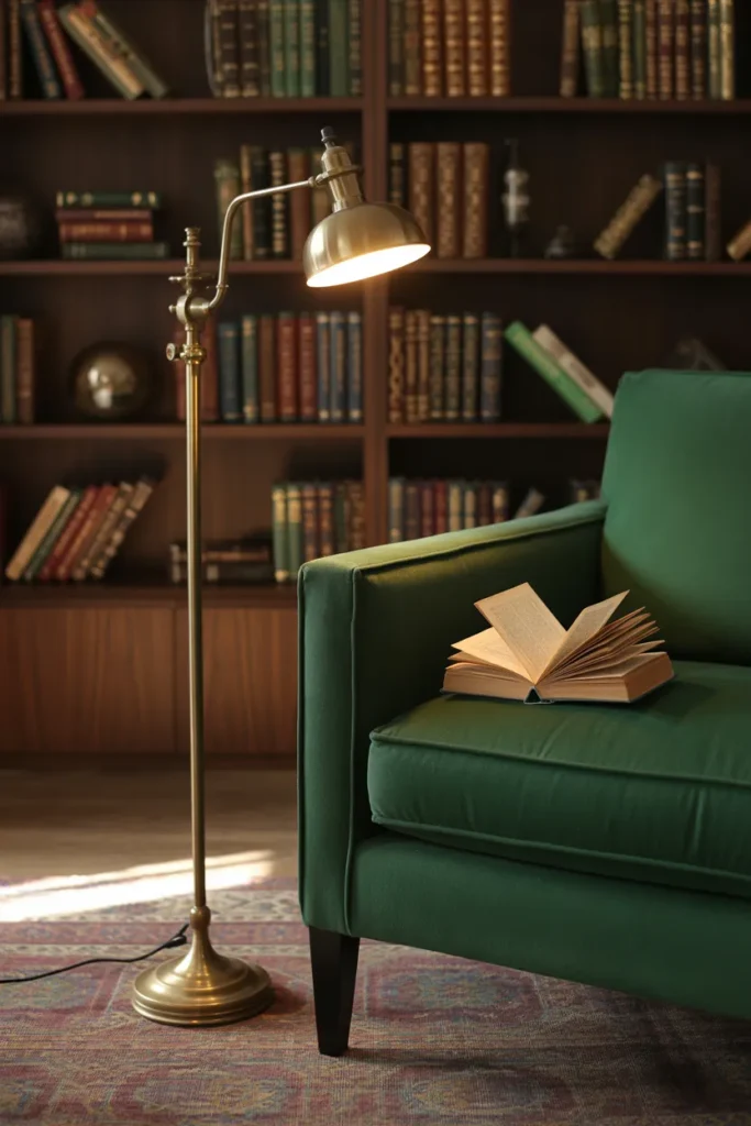 Brass pharmacy floor lamp beside green velvet chair in dark academia reading nook