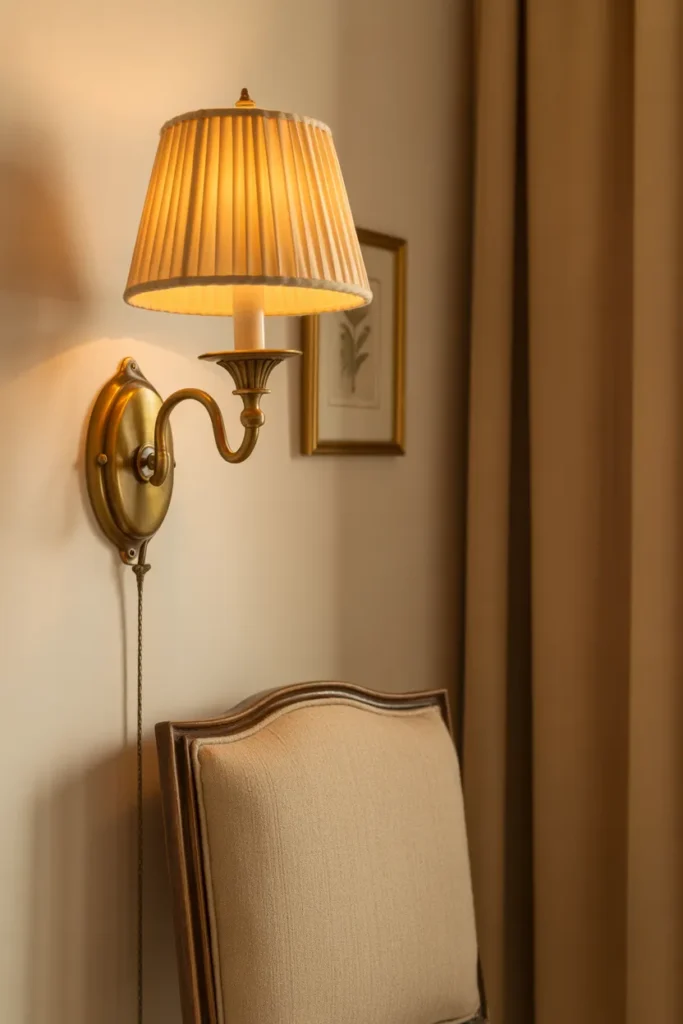 Brass swing-arm sconce with pleated cream shade in a grandmacore reading nook.