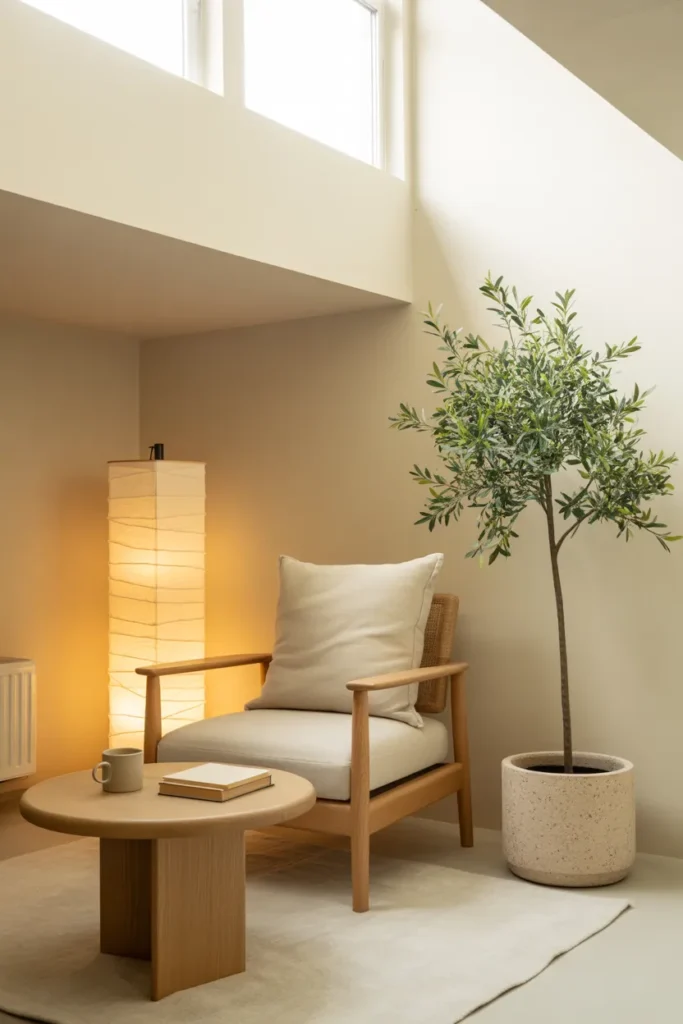 Bright Japandi basement reading nook with oak chair, paper lamp, olive tree, and cream wool rug in natural light.
