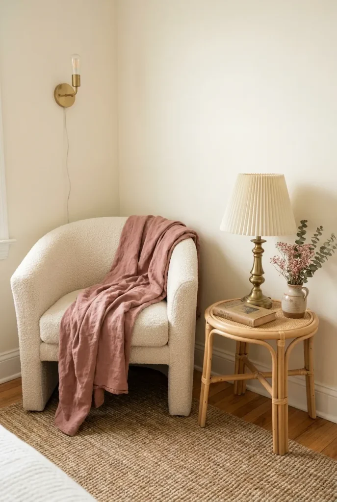 Budget pink reading nook under $150 with thrifted boucle chair, rattan table, and dusty rose throw.