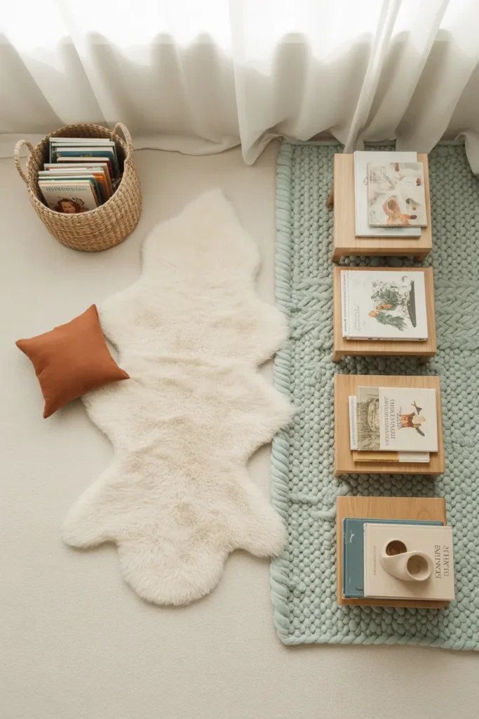 Budget vs splurge montessori reading nook ideas comparison flat lay.