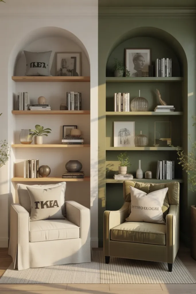 Budget vs splurge reading nook color palette comparison in sage and cream