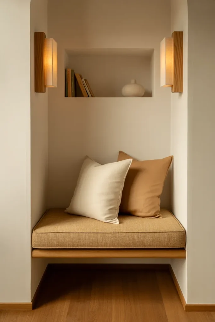Built-in Japandi reading nook in alcove with oak bench and paper sconces