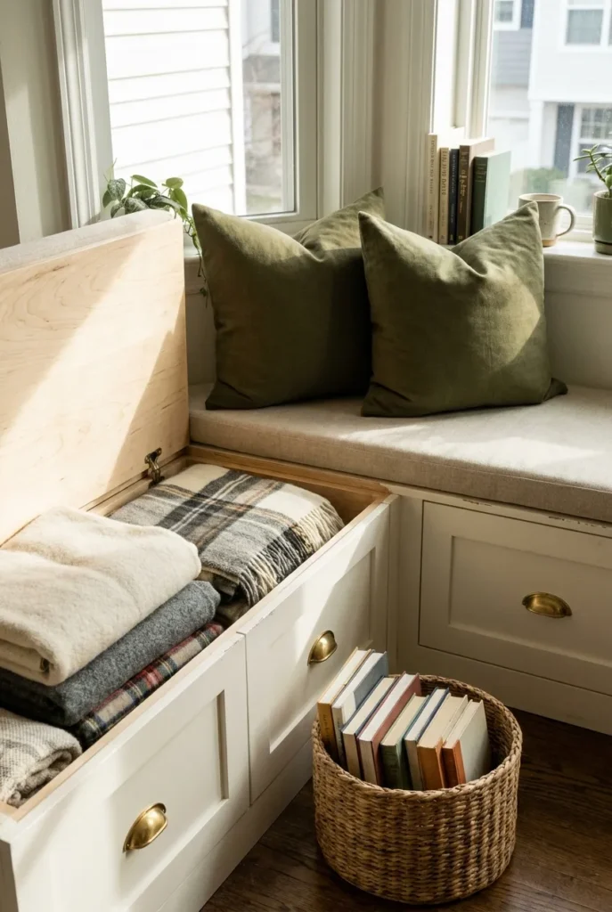 Built-in bay window reading nook bench with hidden storage, linen cushion, and open lid showing folded throws.