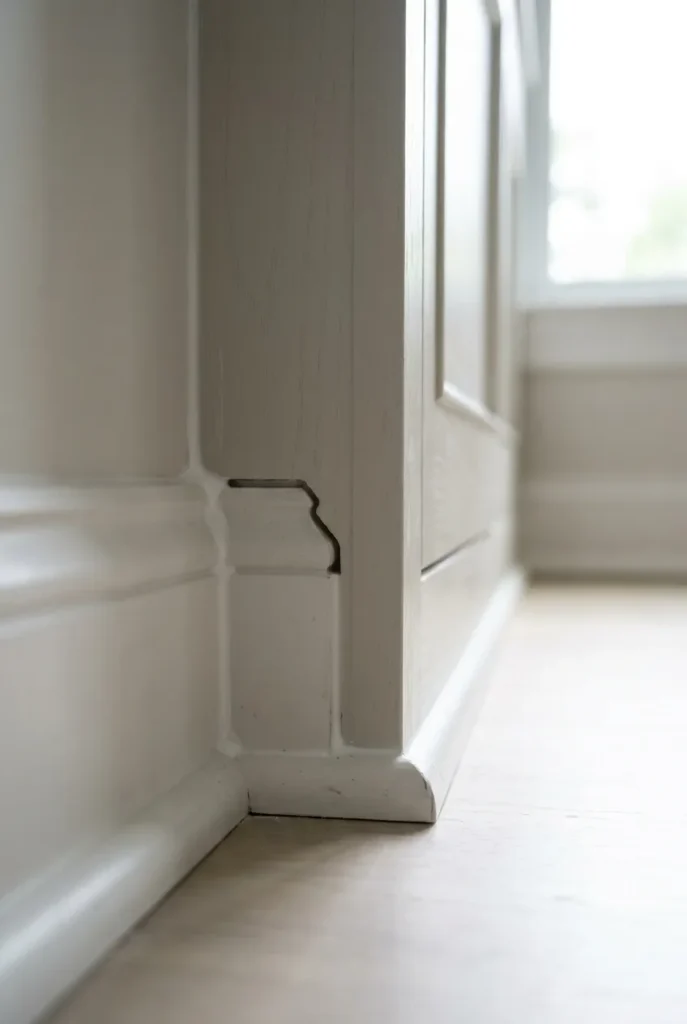 Built-in reading bench side panel notched around existing baseboard for a seamless floor-line finish.