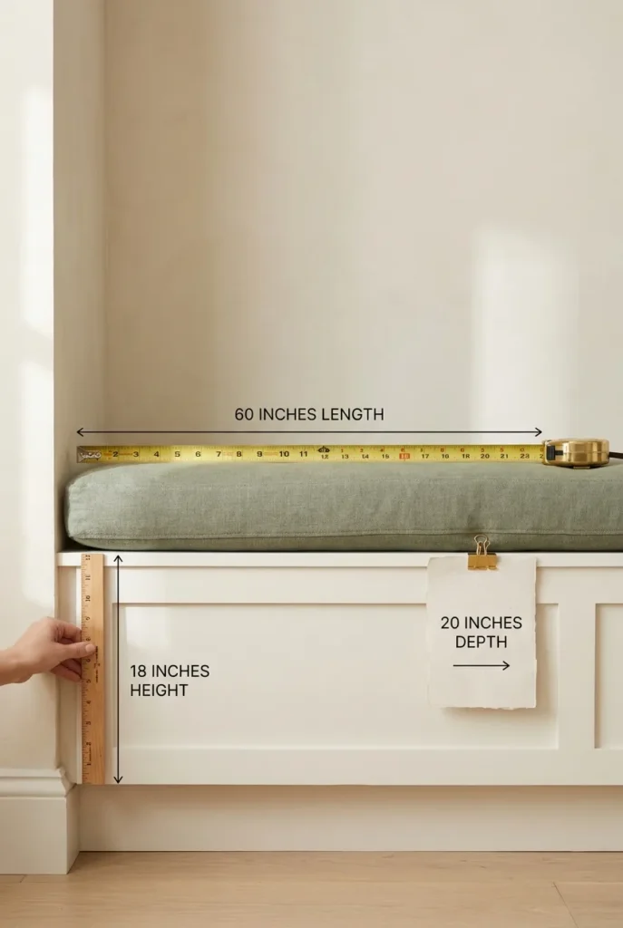 Built-in reading bench with labeled dimensions showing 60-inch length, 18-inch height, 20-inch seat depth.