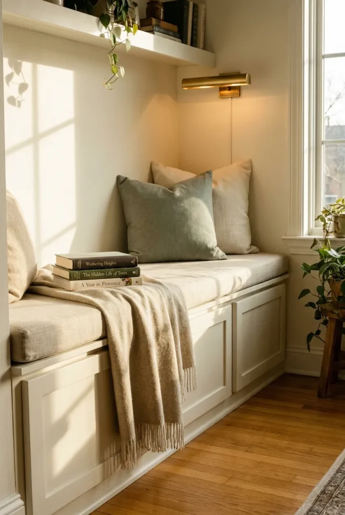 Built-in reading bench with storage, cream linen cushion, oat throw, hardcover books, warm window light.